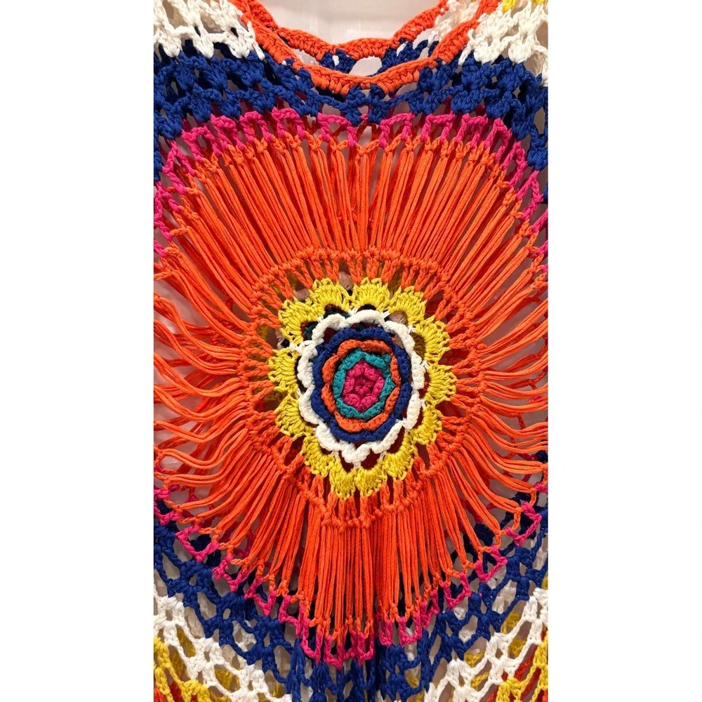 Rainbow Crochet Sunburst Mandala Top Boho Festival Long Sleeve Multi Color
